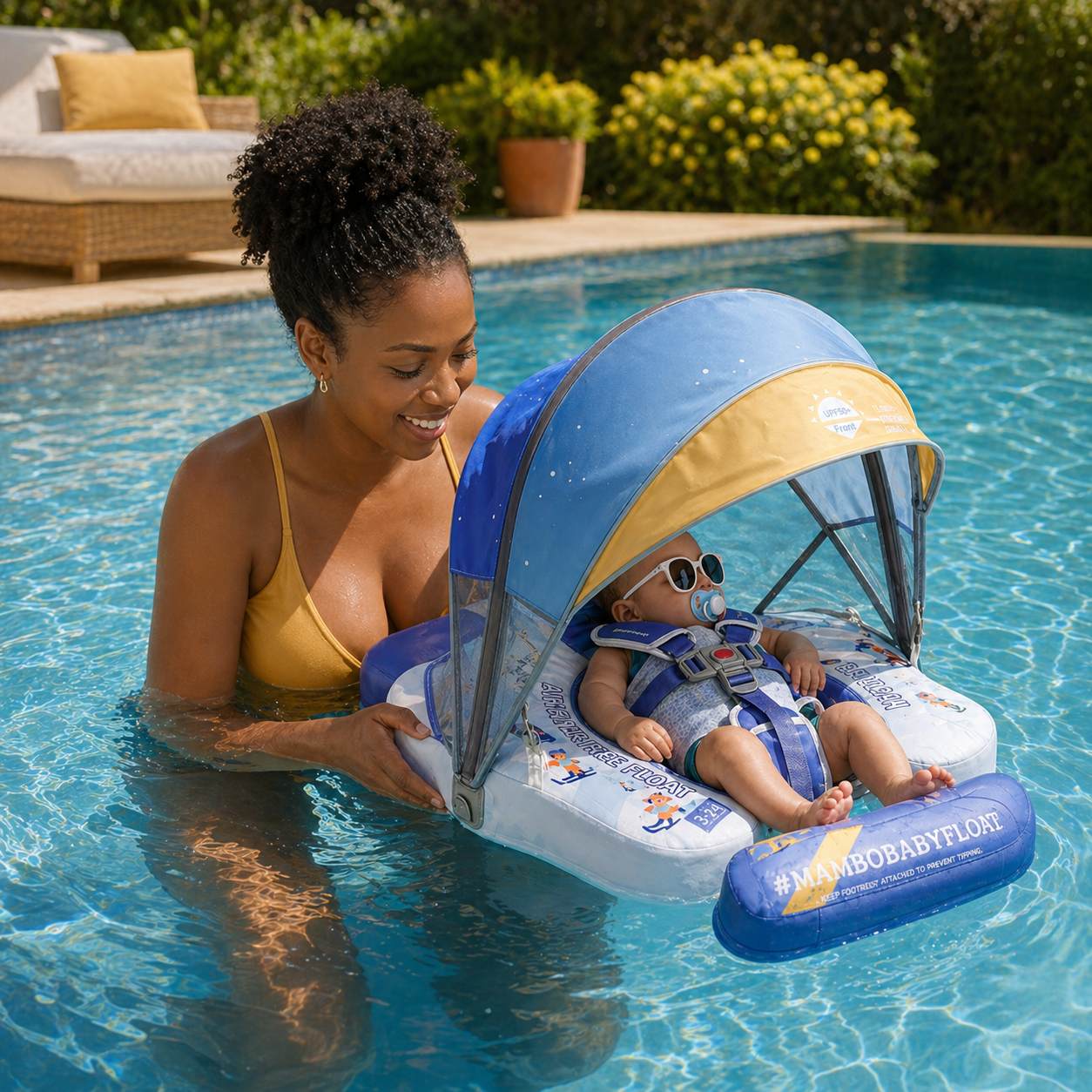 Baby float with UV-protective sunshade and footrest